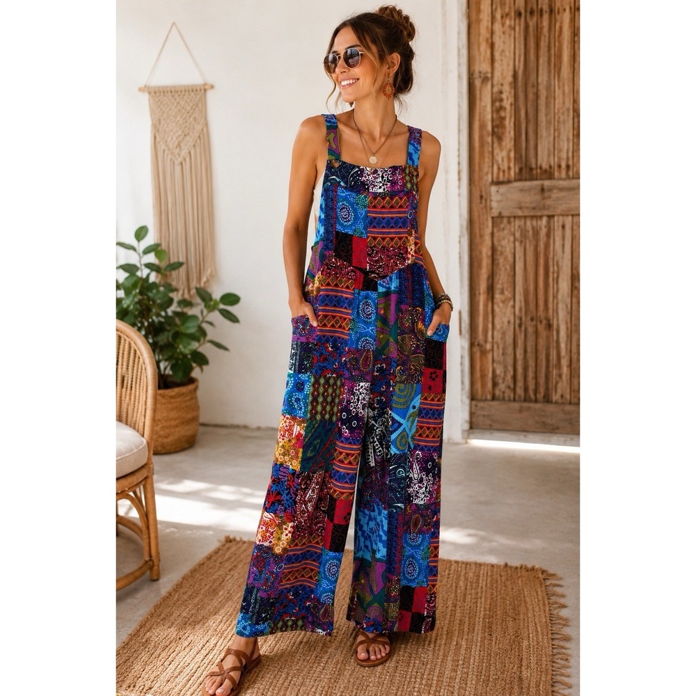 Boho Patchwork Jumpsuit Bib Romper M Wide Leg Cotton Blend Colorful Festival